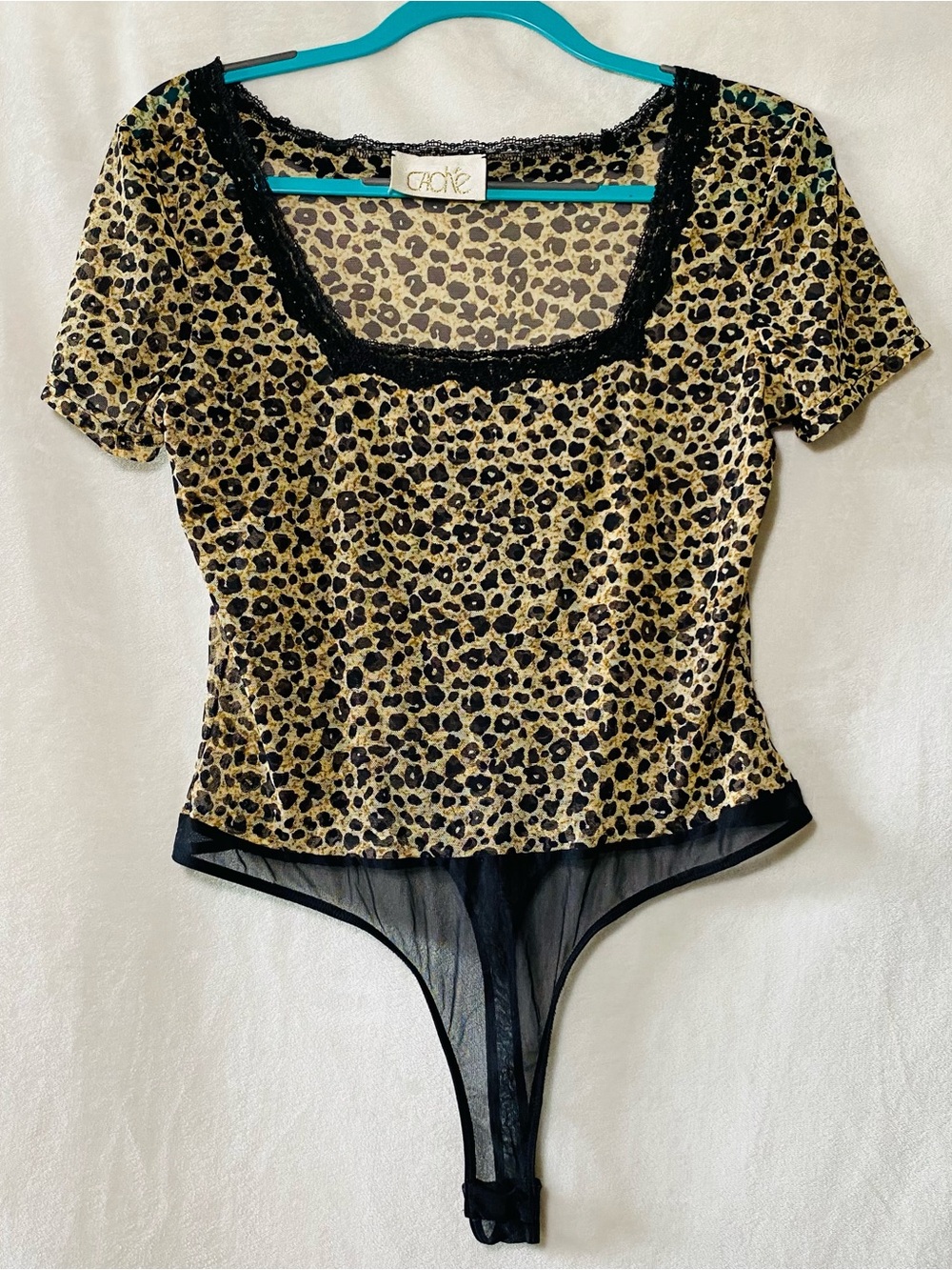 Cache Leopard-Print Lace-Trim Bodysuit in Gold and Black